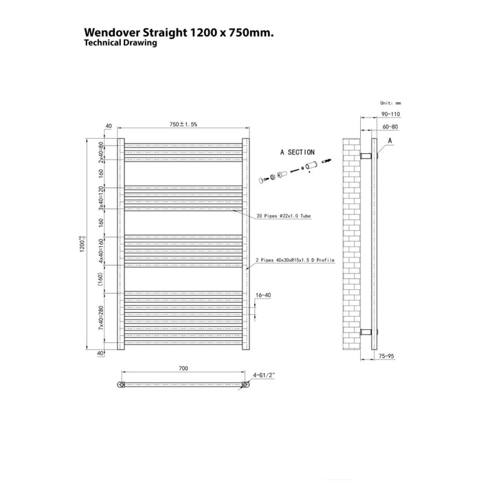 Eastbrook Wendover Vertical Straight Heated Towel Rail - White