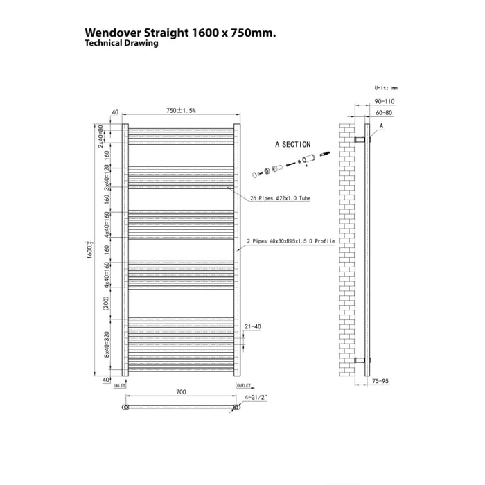 Eastbrook Wendover Vertical Straight Heated Towel Rail - White