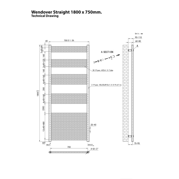 Eastbrook Wendover Vertical Straight Heated Towel Rail - White