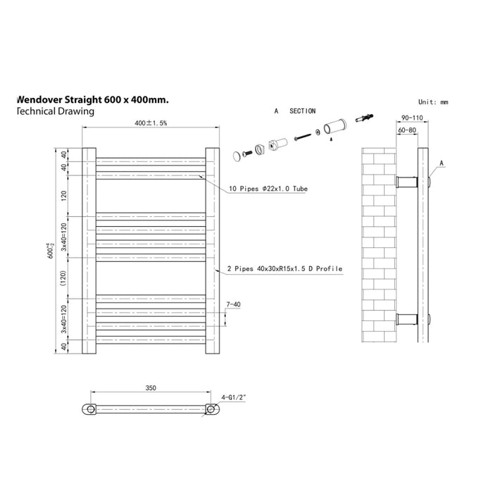Eastbrook Wendover Vertical Straight Heated Towel Rail - White