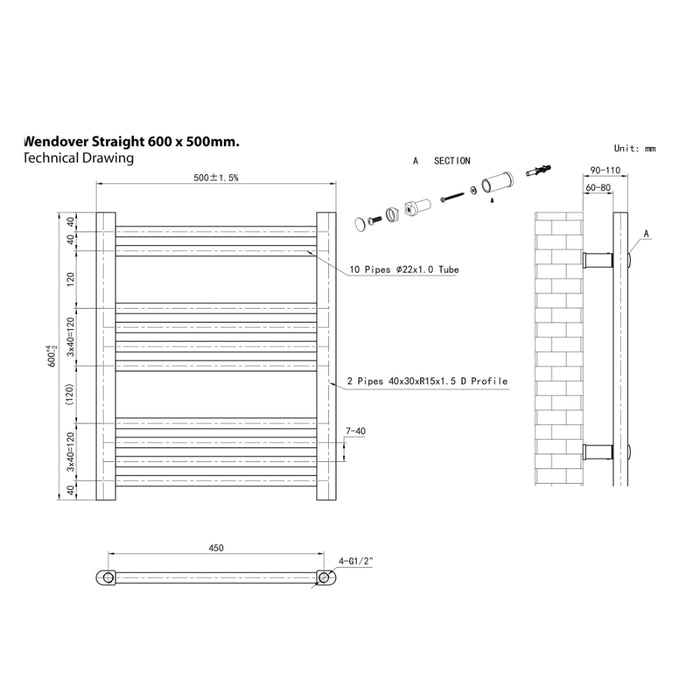 Eastbrook Wendover Vertical Straight Heated Towel Rail - White