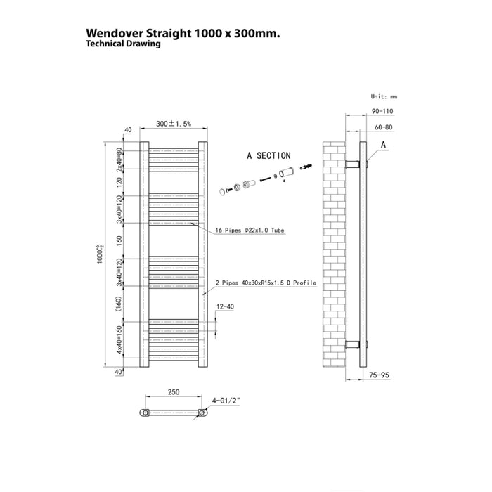 Eastbrook Wendover Vertical Straight Heated Towel Rail - White
