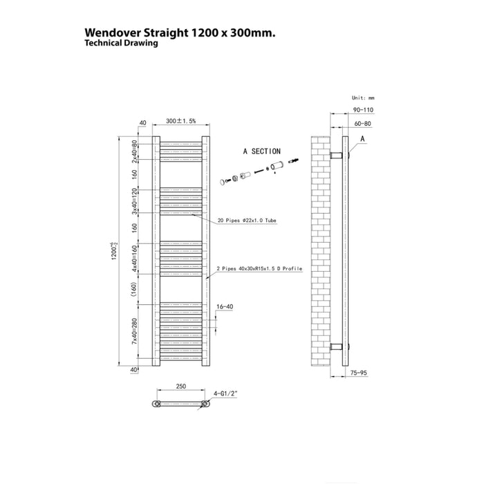 Eastbrook Wendover Vertical Straight Heated Towel Rail - White