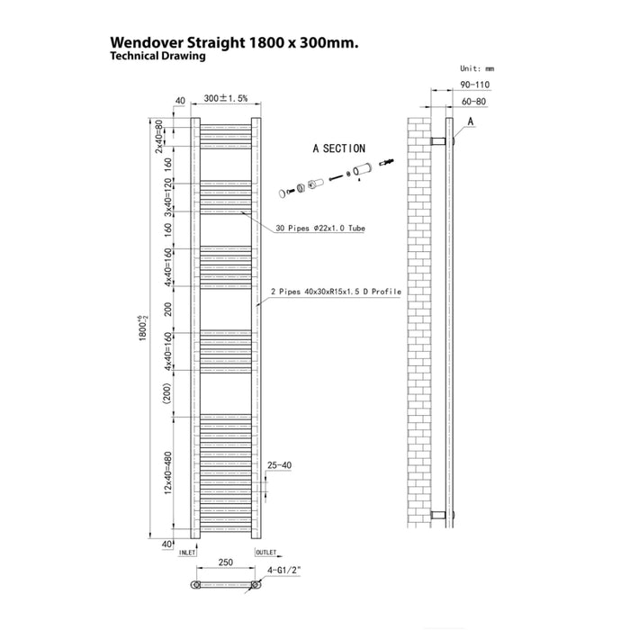 Eastbrook Wendover Vertical Straight Heated Towel Rail - White
