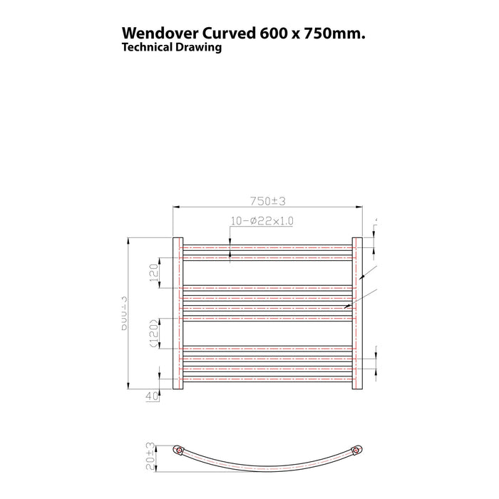 Eastbrook Wendover Horizontal Curved Heated Towel Rail - 600mm x 750mm - White