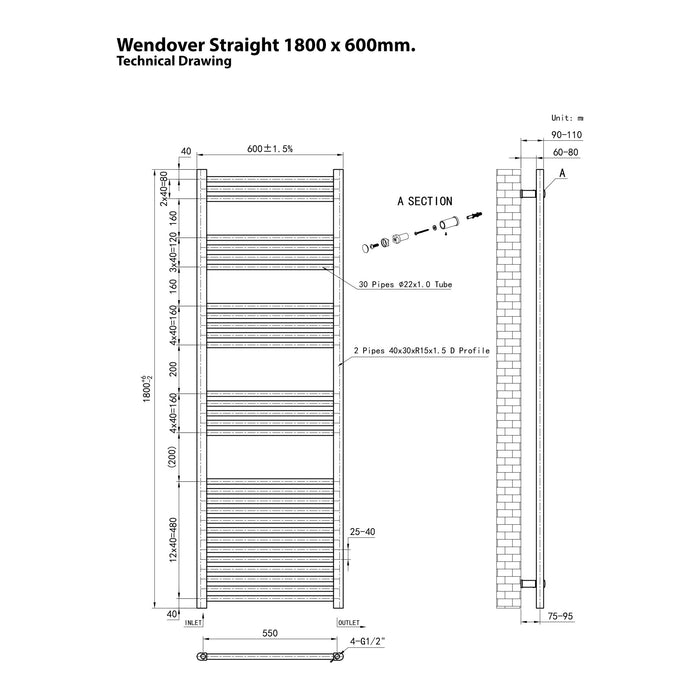 Eastbrook Wendover Vertical Straight Heated Towel Rail - Matt Anthracite