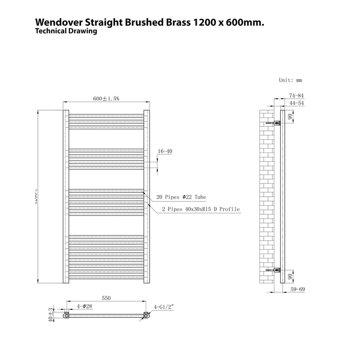 Eastbrook Wendover Vertical Straight Heated Towel Rail - Brushed Brass