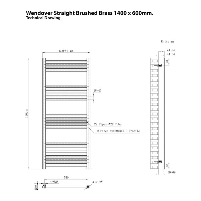 Eastbrook Wendover Vertical Straight Heated Towel Rail - Brushed Brass