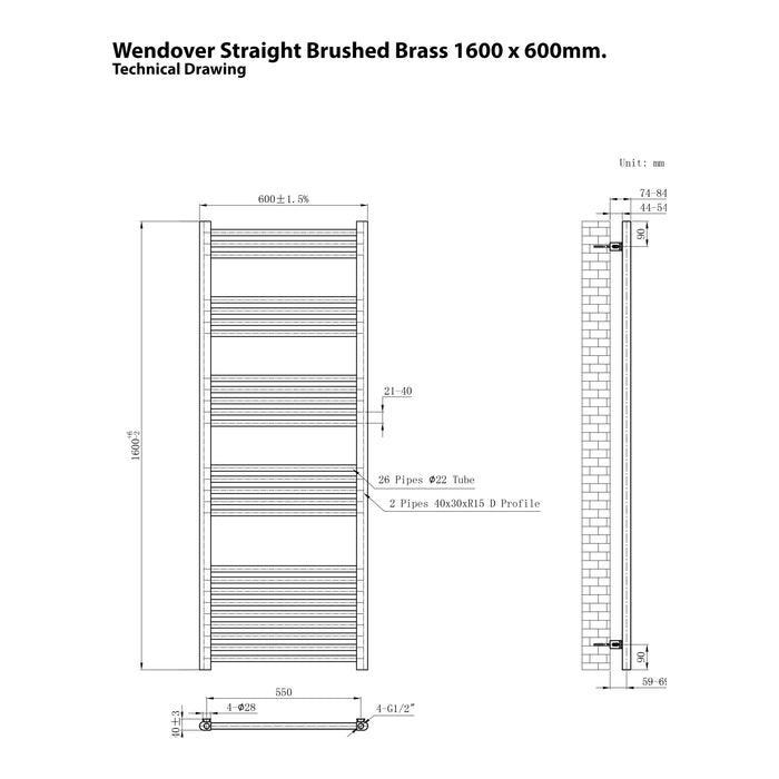 Eastbrook Wendover Vertical Straight Heated Towel Rail - Brushed Brass