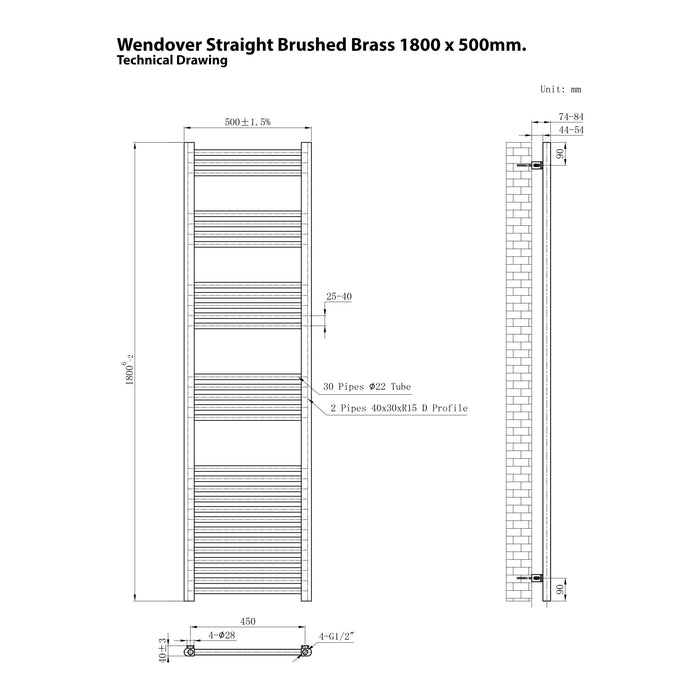 Eastbrook Wendover Vertical Straight Heated Towel Rail - Brushed Brass