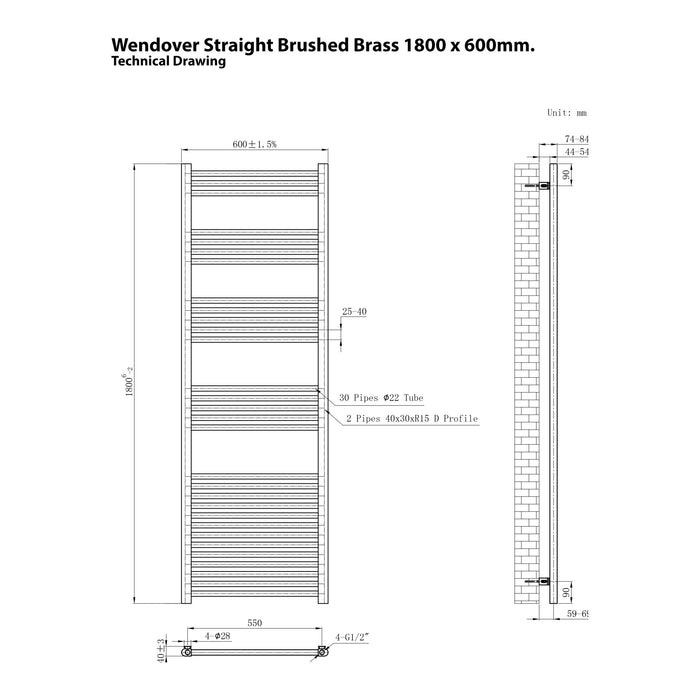 Eastbrook Wendover Vertical Straight Heated Towel Rail - Brushed Brass