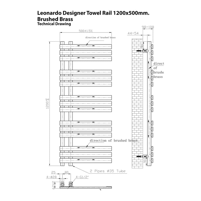 Eastbrook Leonardo Straight Designer Heated Towel Rail Brushed Brass