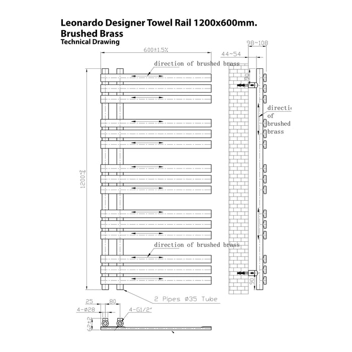 Eastbrook Leonardo Straight Designer Heated Towel Rail Brushed Brass