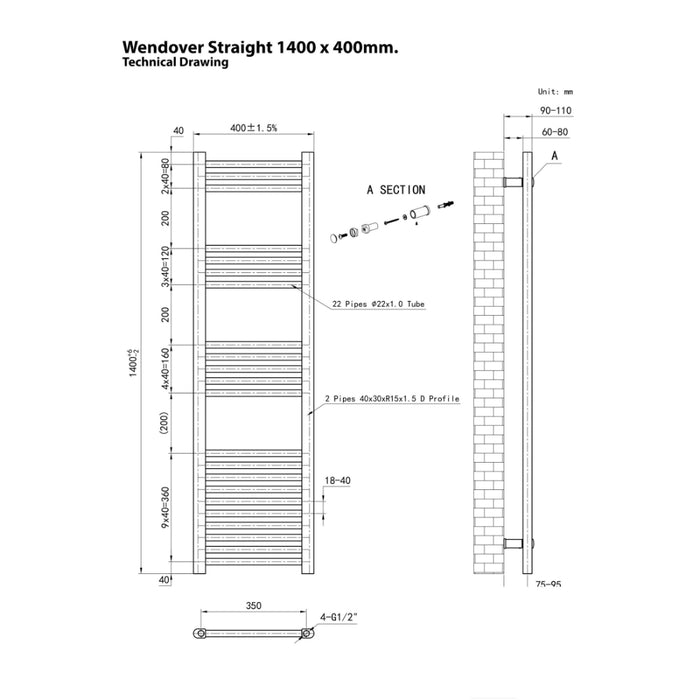 Eastbrook Wendover Vertical Straight Heated Towel Rail - White