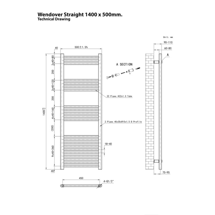 Eastbrook Wendover Vertical Straight Heated Towel Rail - White