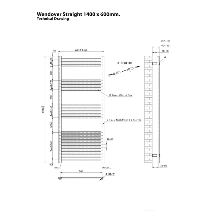 Eastbrook Wendover Vertical Straight Heated Towel Rail - White