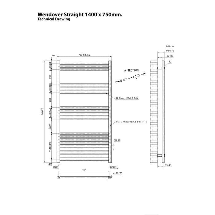 Eastbrook Wendover Vertical Straight Heated Towel Rail - White