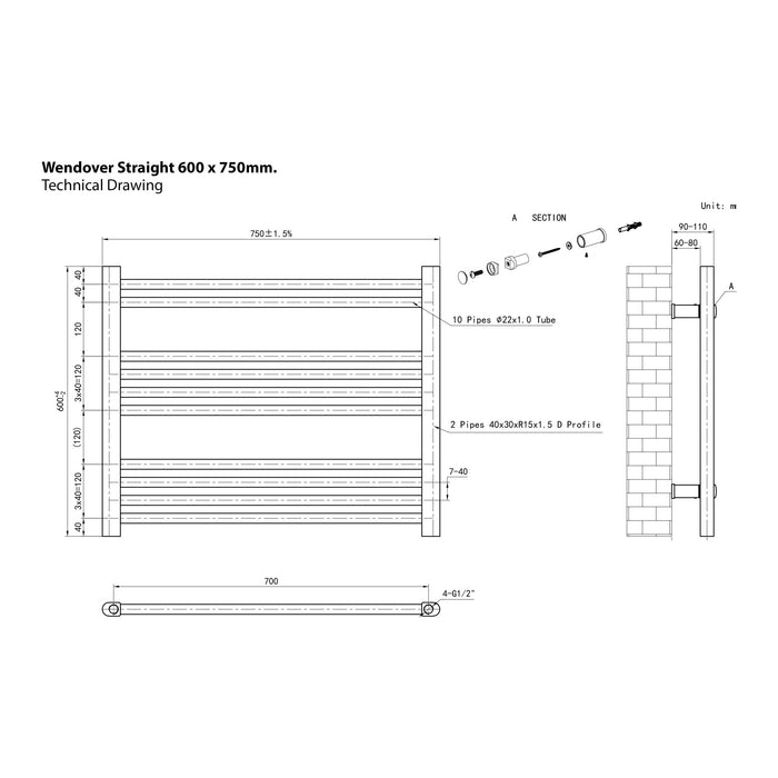 Eastbrook Wendover Horizontal Straight Heated Towel Rail - Matt Anthracite