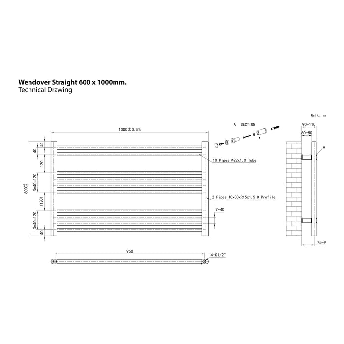 Eastbrook Wendover Horizontal Straight Heated Towel Rail - Matt Anthracite