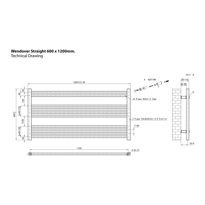Eastbrook Wendover Horizontal Straight Heated Towel Rail - Matt Anthracite