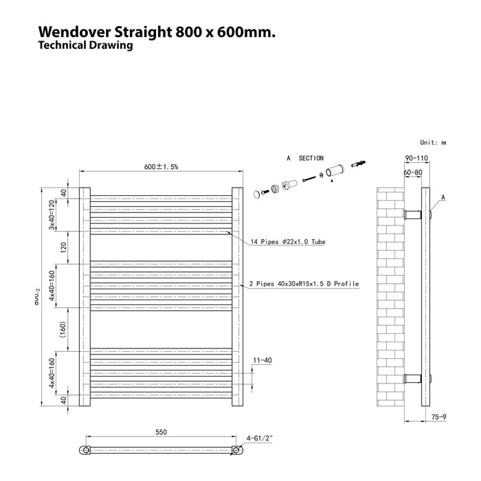Eastbrook Wendover Vertical Straight Heated Towel Rail - Matt Anthracite