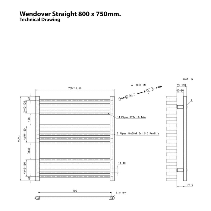 Eastbrook Wendover Vertical Straight Heated Towel Rail - Matt Anthracite
