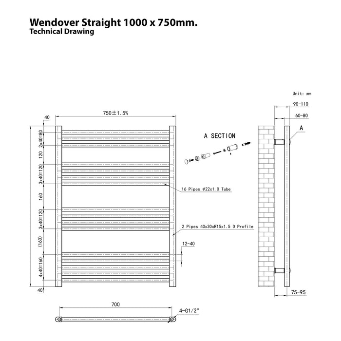 Eastbrook Wendover Vertical Straight Heated Towel Rail - Matt Anthracite