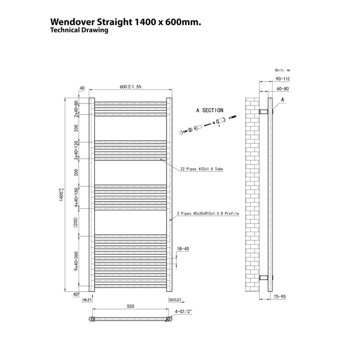 Eastbrook Wendover Vertical Straight Heated Towel Rail - Matt Anthracite