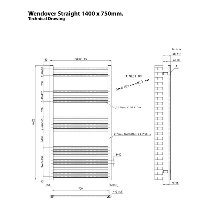 Eastbrook Wendover Vertical Straight Heated Towel Rail - Matt Anthracite