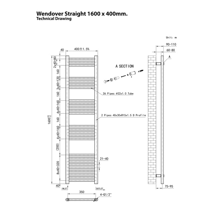 Eastbrook Wendover Vertical Straight Heated Towel Rail - Matt Anthracite