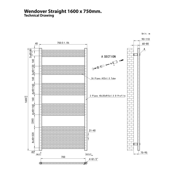 Eastbrook Wendover Vertical Straight Heated Towel Rail - Matt Anthracite
