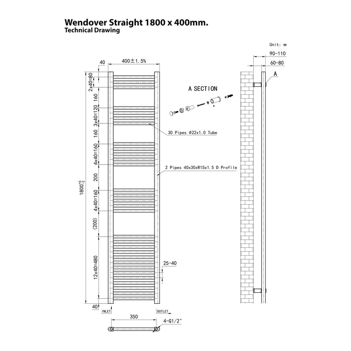 Eastbrook Wendover Vertical Straight Heated Towel Rail - Matt Anthracite