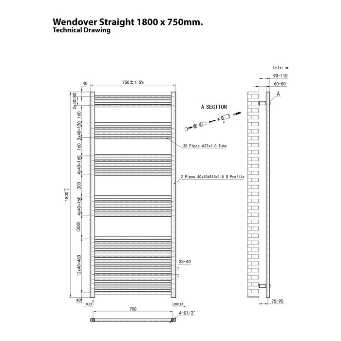 Eastbrook Wendover Vertical Straight Heated Towel Rail - Matt Anthracite