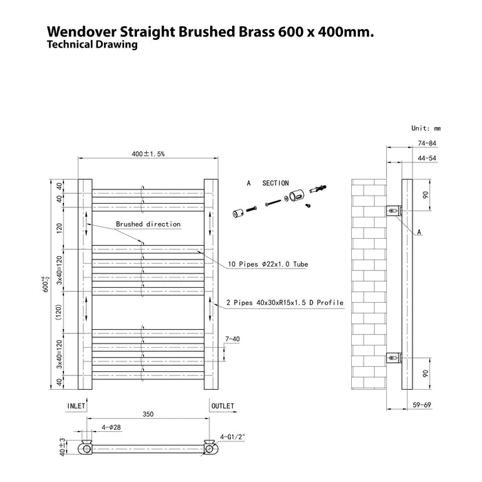 Eastbrook Wendover Vertical Straight Heated Towel Rail - Brushed Brass