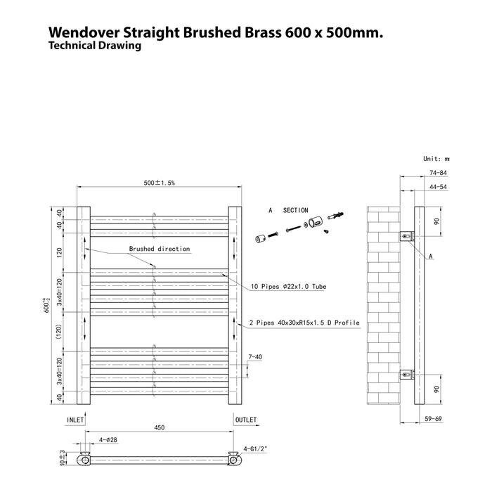 Eastbrook Wendover Vertical Straight Heated Towel Rail - Brushed Brass