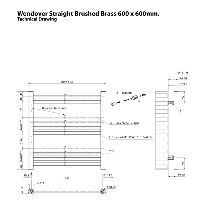 Eastbrook Wendover Vertical Straight Heated Towel Rail - Brushed Brass