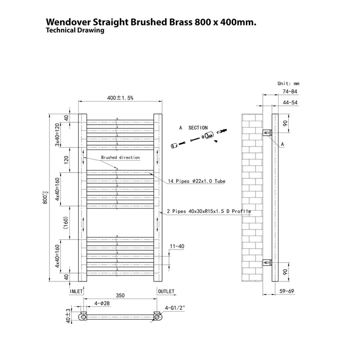 Eastbrook Wendover Vertical Straight Heated Towel Rail - Brushed Brass