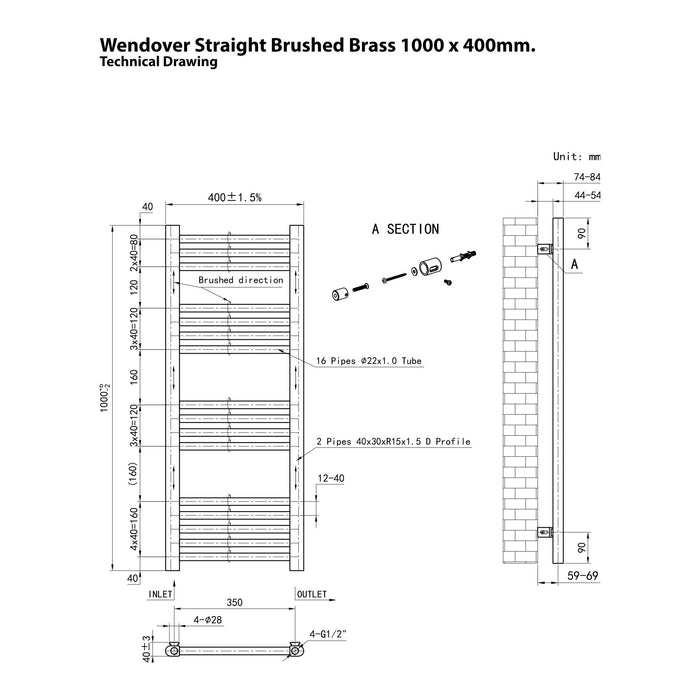 Eastbrook Wendover Vertical Straight Heated Towel Rail - Brushed Brass