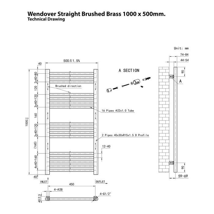 Eastbrook Wendover Vertical Straight Heated Towel Rail - Brushed Brass