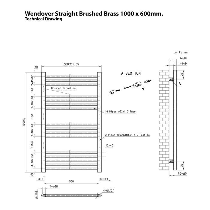 Eastbrook Wendover Vertical Straight Heated Towel Rail - Brushed Brass
