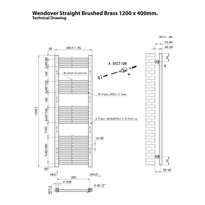 Eastbrook Wendover Vertical Straight Heated Towel Rail - Brushed Brass