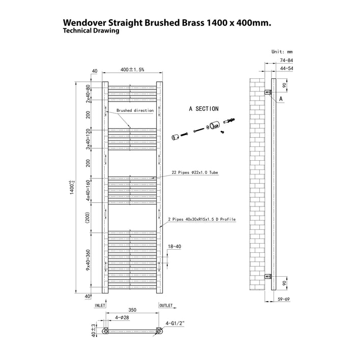 Eastbrook Wendover Vertical Straight Heated Towel Rail - Brushed Brass