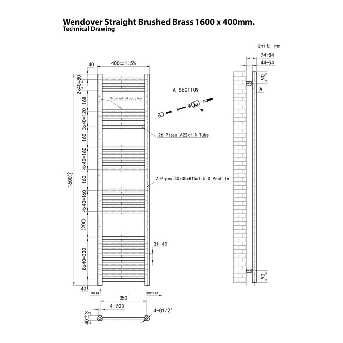 Eastbrook Wendover Vertical Straight Heated Towel Rail - Brushed Brass