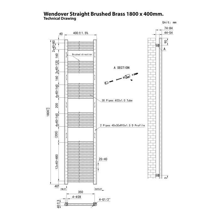 Eastbrook Wendover Vertical Straight Heated Towel Rail - Brushed Brass