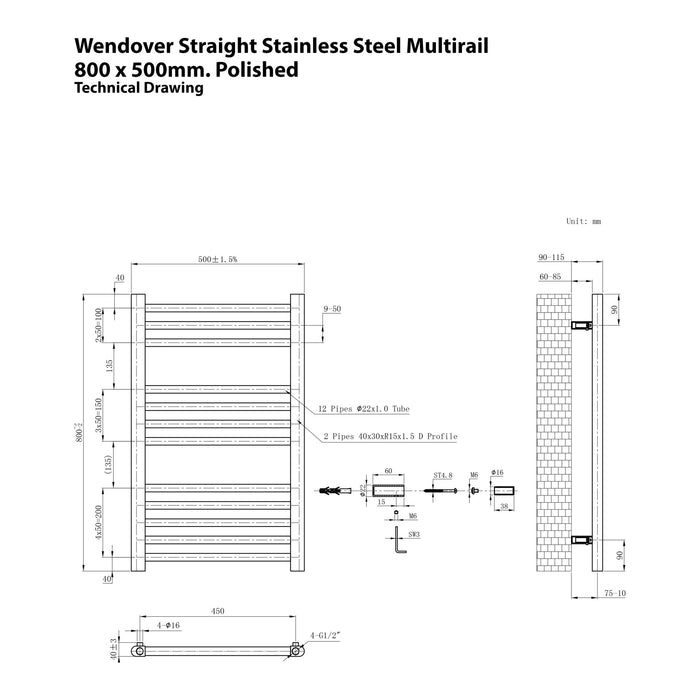 Eastbrook Wendover Straight Stainless Steel Multirail Heated Towel Rail