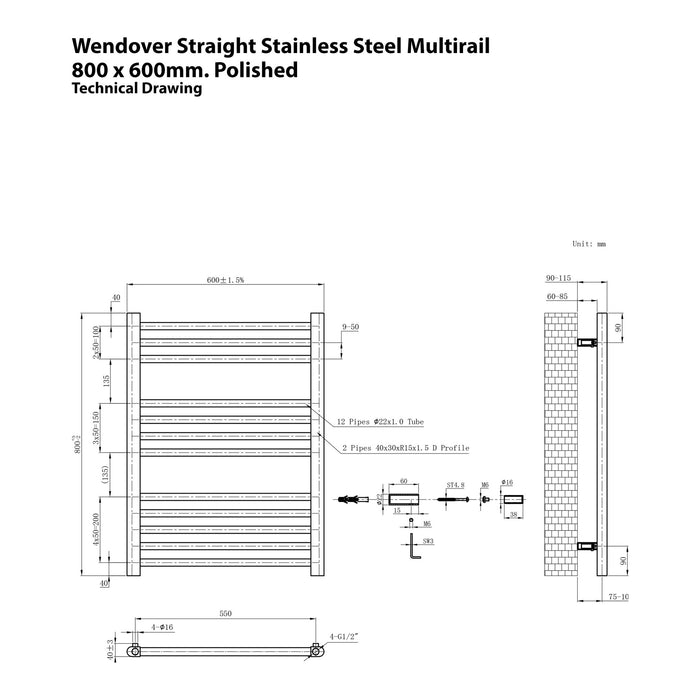 Eastbrook Wendover Straight Stainless Steel Multirail Heated Towel Rail