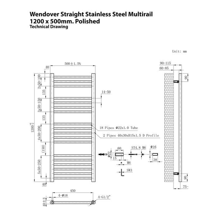 Eastbrook Wendover Straight Stainless Steel Multirail Heated Towel Rail
