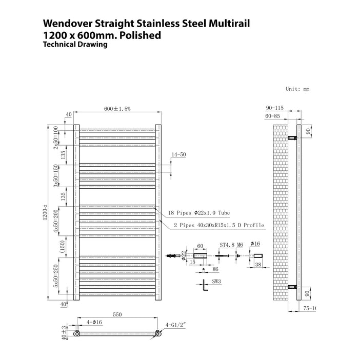 Eastbrook Wendover Straight Stainless Steel Multirail Heated Towel Rail