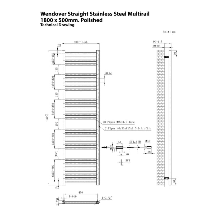 Eastbrook Wendover Straight Stainless Steel Multirail Heated Towel Rail