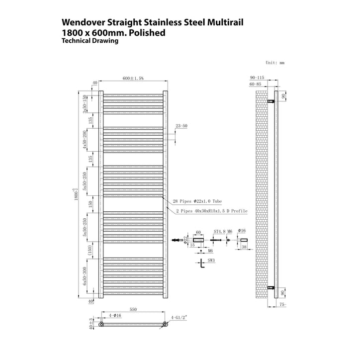 Eastbrook Wendover Straight Stainless Steel Multirail Heated Towel Rail
